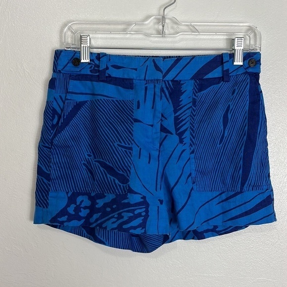 J. Crew 100% Linen Shorts Women's 2 Blue Geometric Print Inseam 3" Pockets Zip - Picture 7 of 11